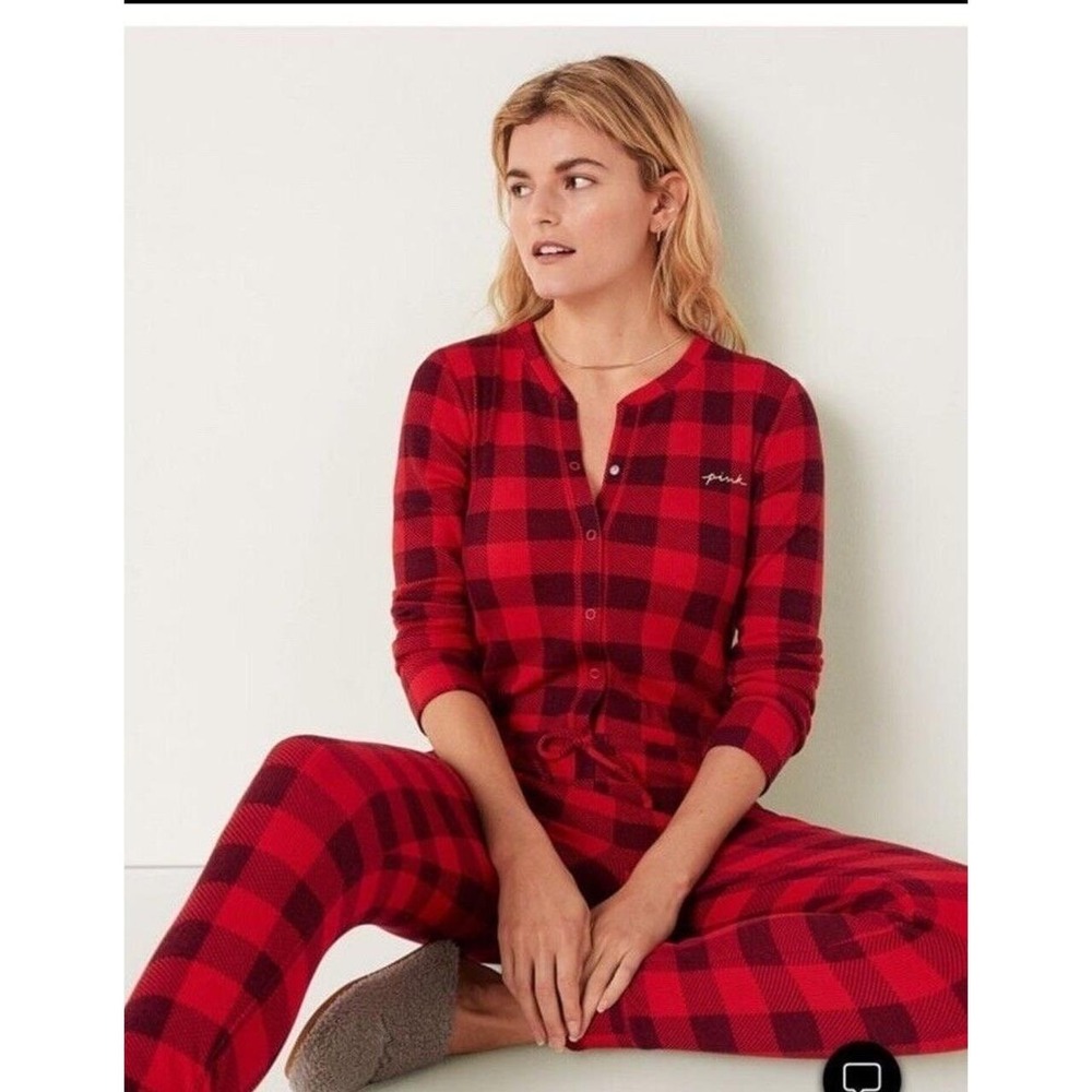 PINK Victoria's Secret Thermal Pajama One Piece Women XL Red Plaid Holiday Cozy